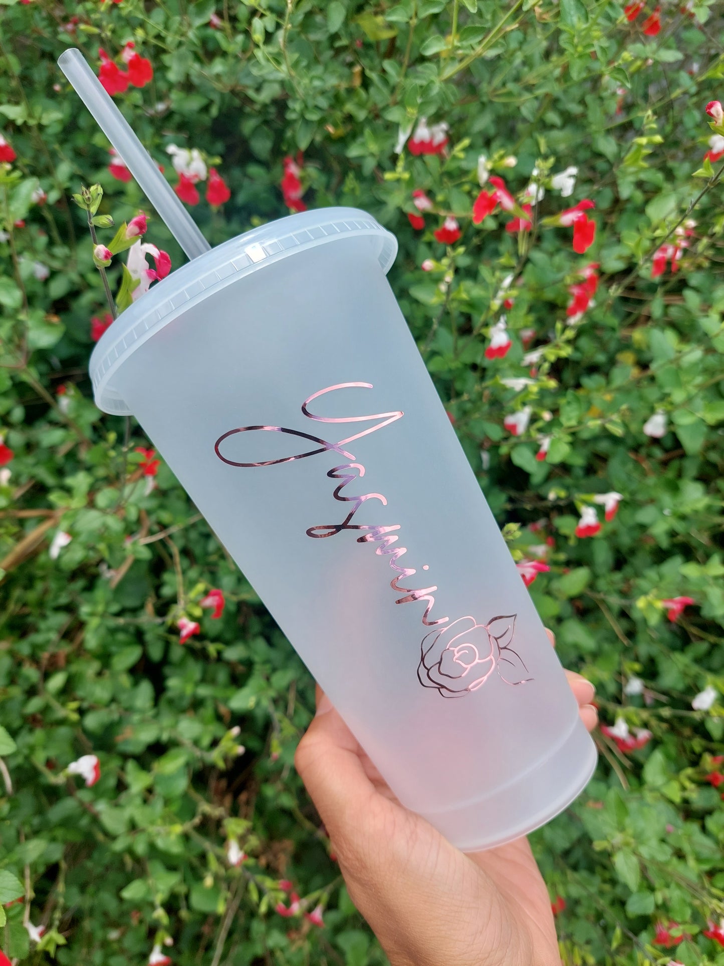 24oz Personalised Frosted Cold Cup with rose design