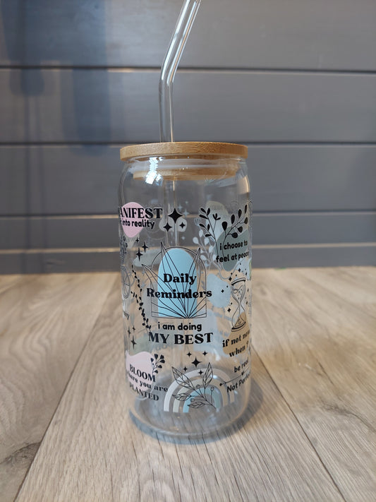 Positive Affirmation Can Glass with Bamboo Lid and Straw