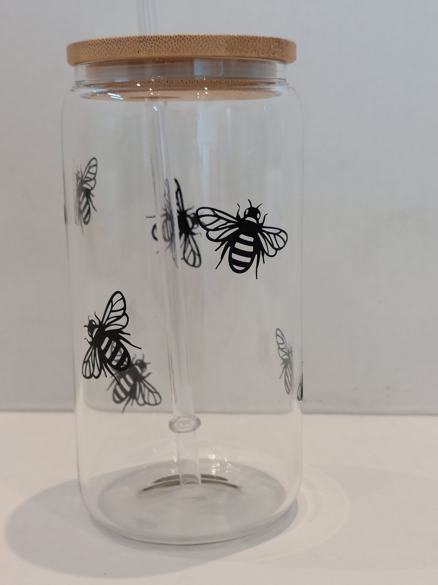 Bee Can Shaped Glass with Bamboo Lid and Straw