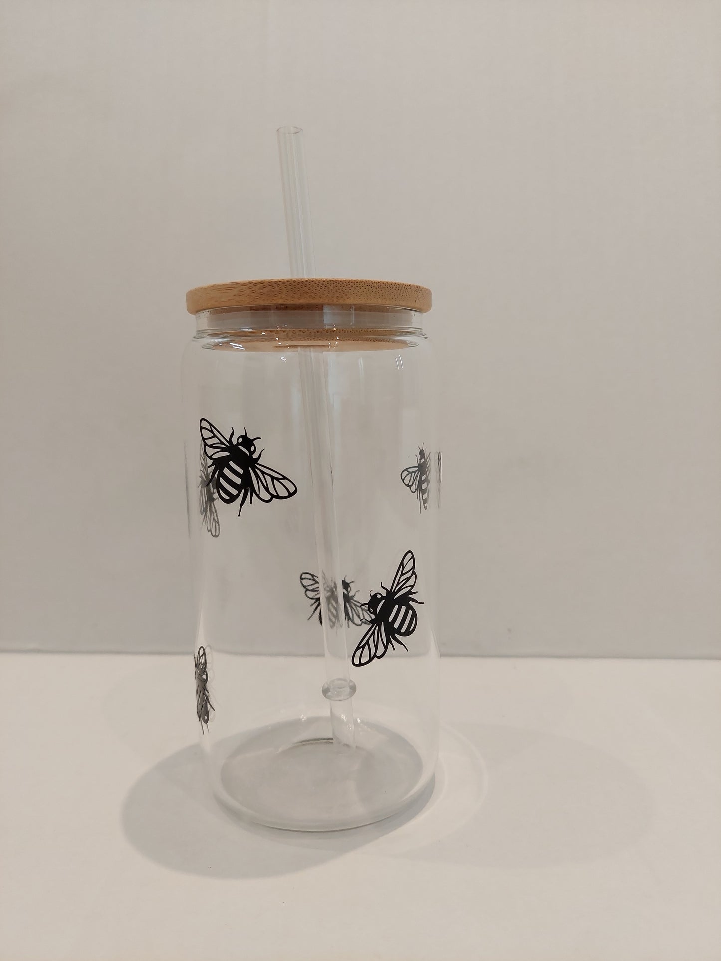 Bee Can Shaped Glass with Bamboo Lid and Straw