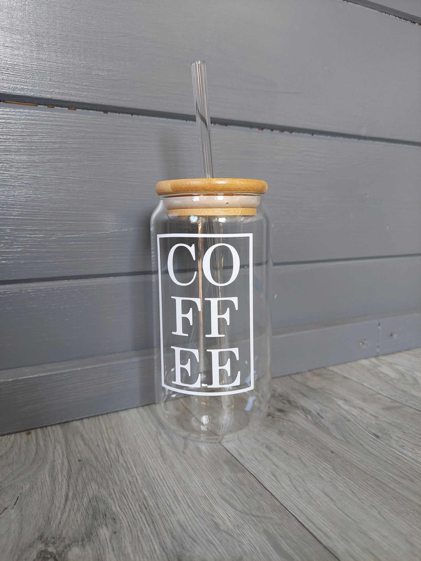 Coffee Can Shaped Glass with Bamboo Lid and Straw