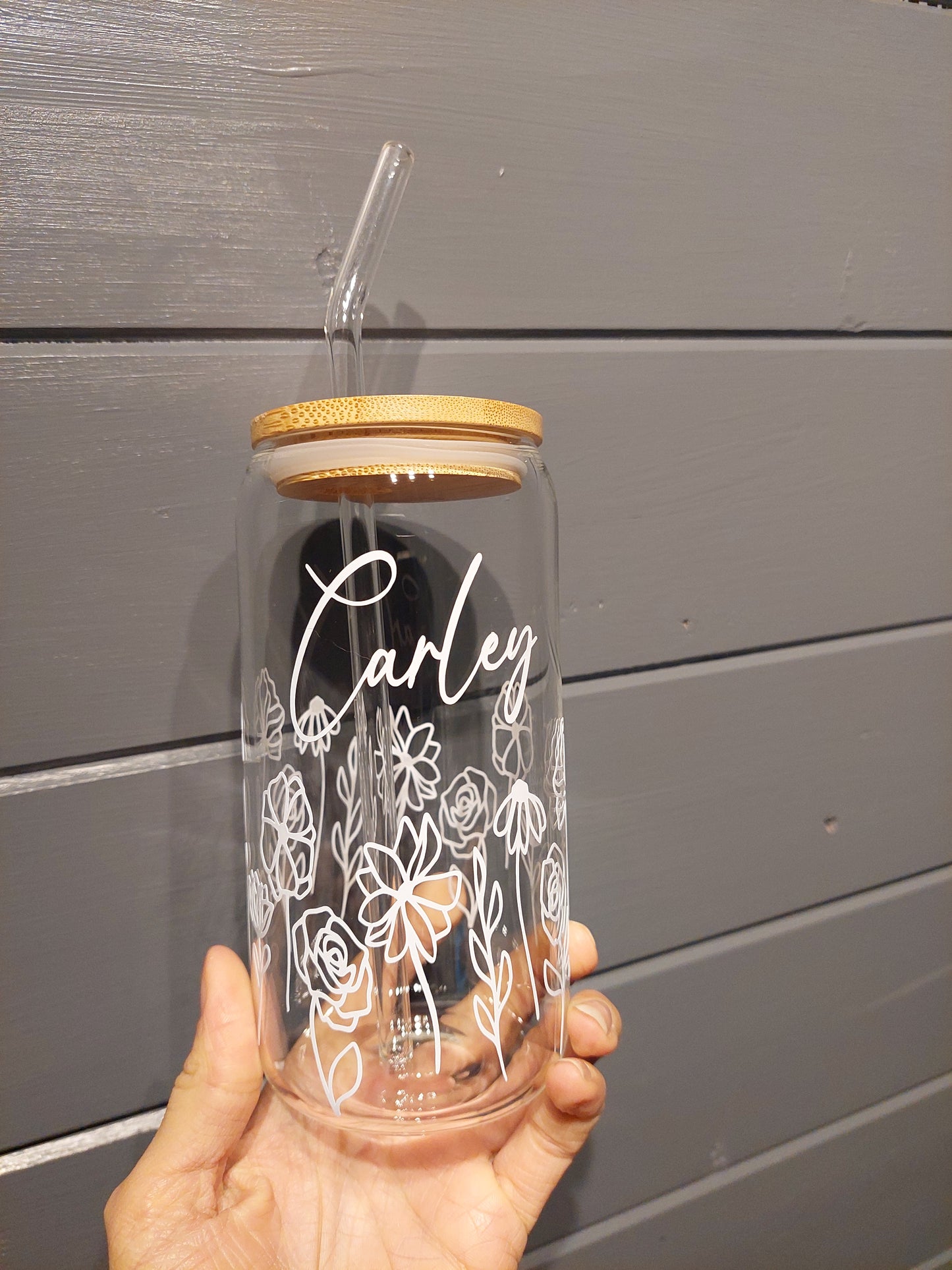 Boho Floral Can Glass With Bamboo Lid and Glass Straw