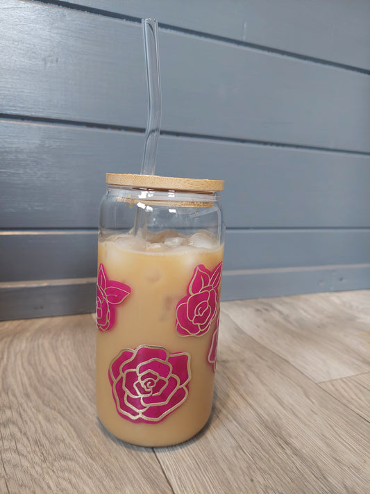 Colour Changing Rose Design Can Style Glass With Bamboo Lid and Glass Straw